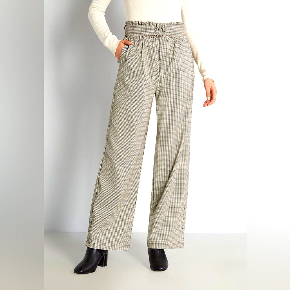 Oat New York Wide-Leg Plaid Belted Pants in Beige and Black